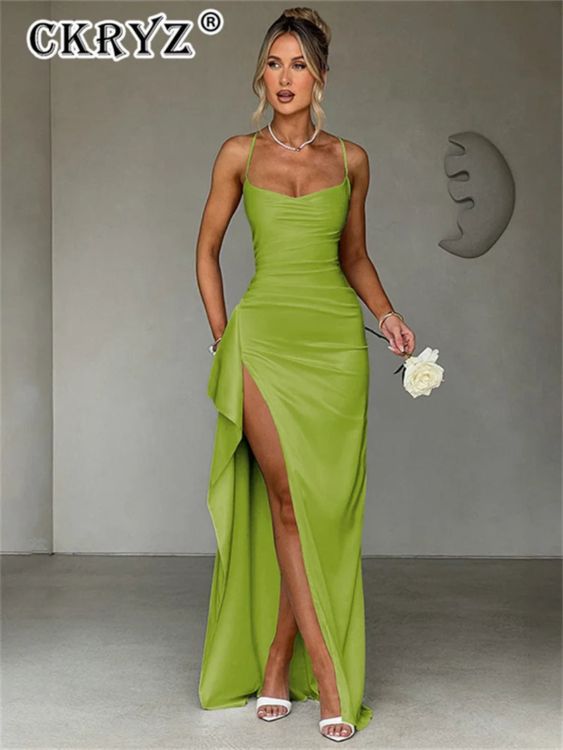 Ladies Summer Satin Fashion Evening Party Dress Women Sleeveless Backless Side Slit Long Dress Birthday Clubwear Woman Clothes
