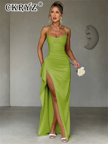 Ladies Summer Satin Fashion Evening Party Dress Women Sleeveless Backless Side Slit Long Dress Birthday Clubwear Woman Clothes