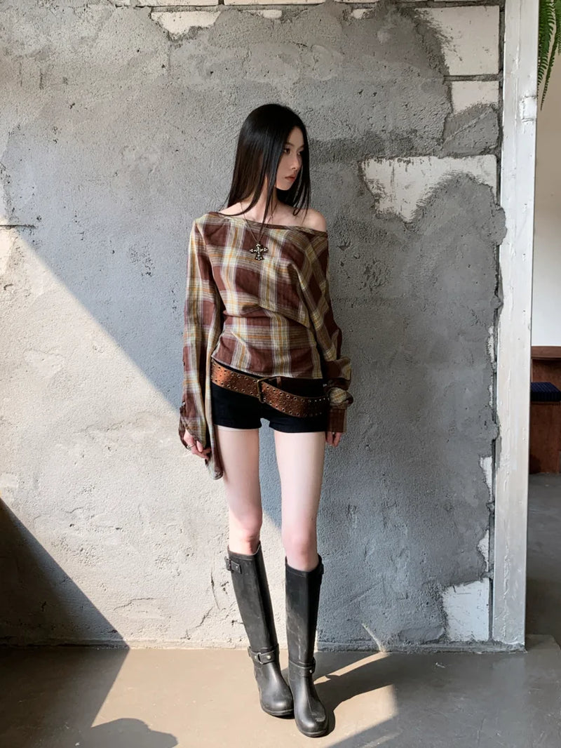 Vintage Brown off the Shoulder Long Sleeve Blouse Plaid Bandage Designer Top for Woman 2025 Spring Clothes