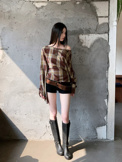 Vintage Brown off the Shoulder Long Sleeve Blouse Plaid Bandage Designer Top for Woman 2025 Spring Clothes