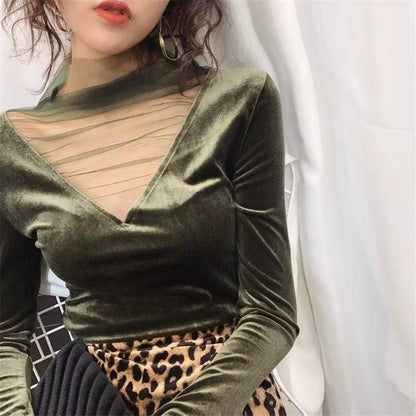 2025 Sexy Women Blouse Mesh Tops Fashion Hollow Y2K Tops Korean Woman Clothes V-Neck Elegant Blusas Female Shirts