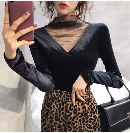 2025 Sexy Women Blouse Mesh Tops Fashion Hollow Y2K Tops Korean Woman Clothes V-Neck Elegant Blusas Female Shirts