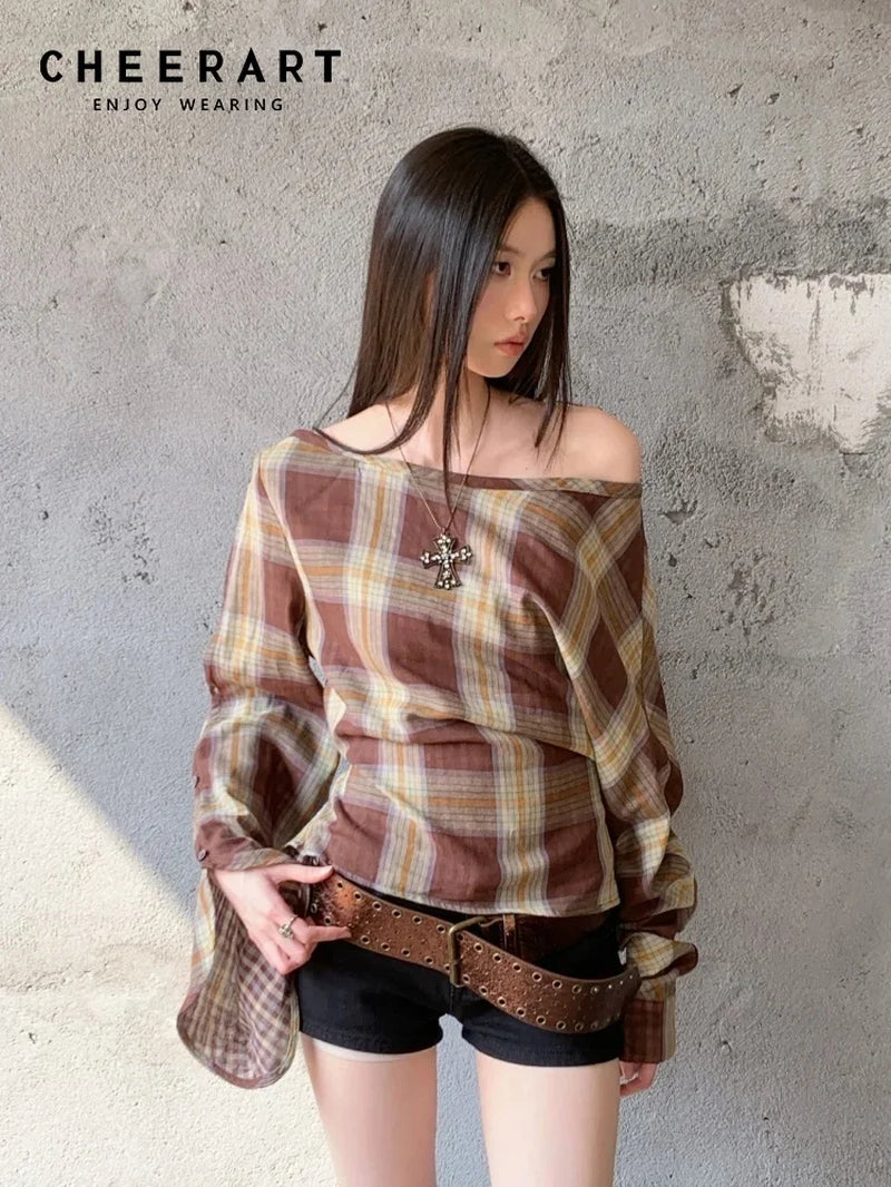 Vintage Brown off the Shoulder Long Sleeve Blouse Plaid Bandage Designer Top for Woman 2025 Spring Clothes