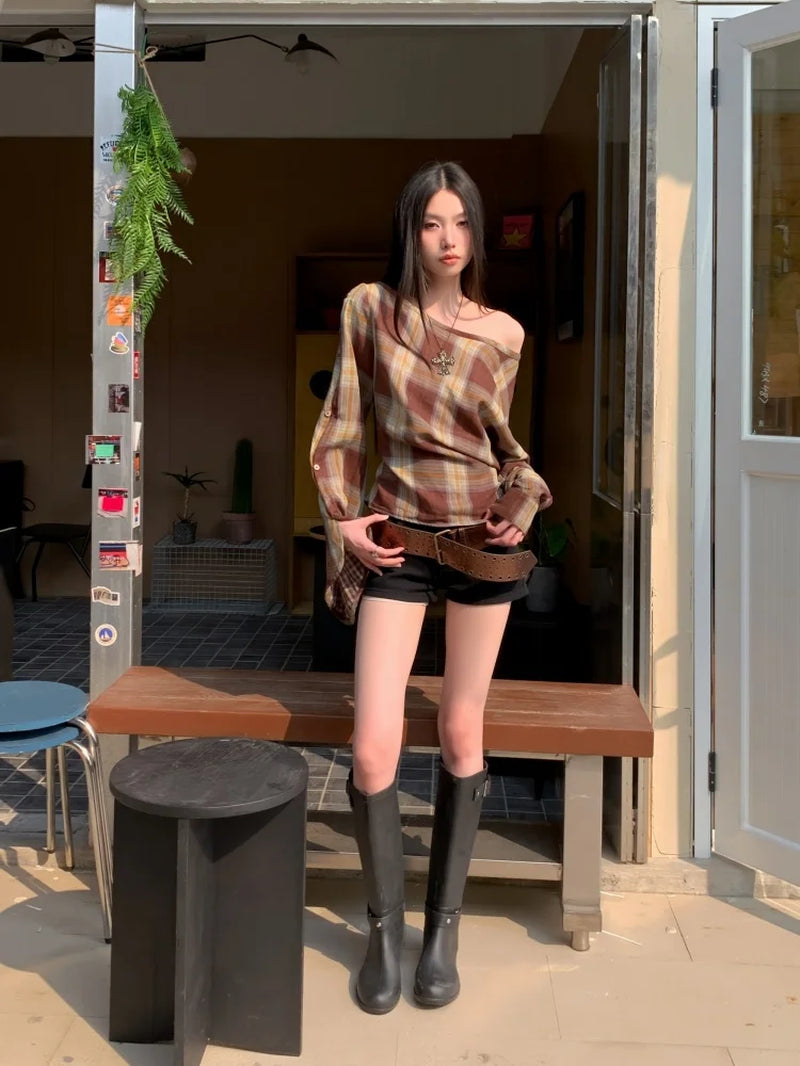 Vintage Brown off the Shoulder Long Sleeve Blouse Plaid Bandage Designer Top for Woman 2025 Spring Clothes