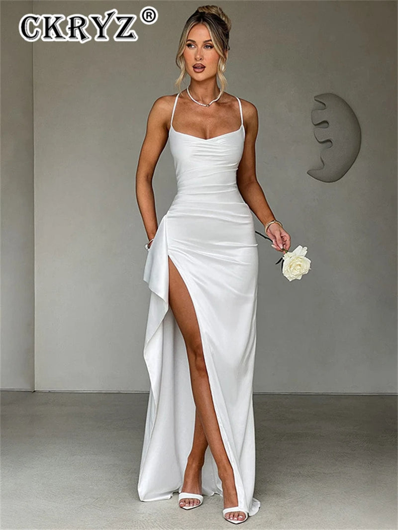 Ladies Summer Satin Fashion Evening Party Dress Women Sleeveless Backless Side Slit Long Dress Birthday Clubwear Woman Clothes