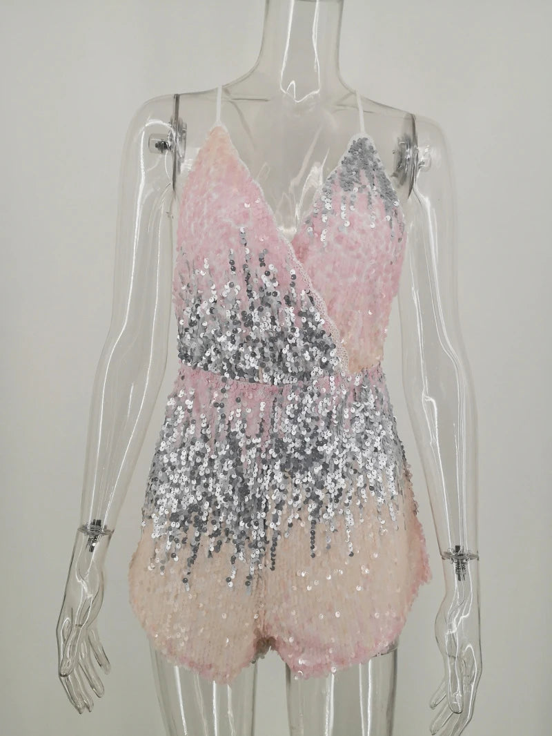 Sexy Night Club Party Sequins Bodysuits Women Summer V Neck Backless Bodycon Playsuit Short Rompers Woman Clothes Jumpsuit 2026