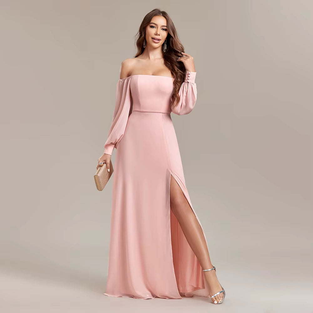 TW00121 Luxury Gowns for Women Evening Dresses Elegant Strapless Long Sleeve High Slit Chiffon Dress Long Party Dress for Women