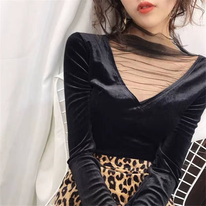 2025 Sexy Women Blouse Mesh Tops Fashion Hollow Y2K Tops Korean Woman Clothes V-Neck Elegant Blusas Female Shirts