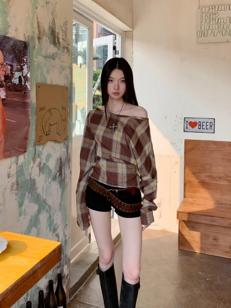 Vintage Brown off the Shoulder Long Sleeve Blouse Plaid Bandage Designer Top for Woman 2025 Spring Clothes