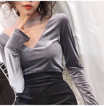2025 Sexy Women Blouse Mesh Tops Fashion Hollow Y2K Tops Korean Woman Clothes V-Neck Elegant Blusas Female Shirts