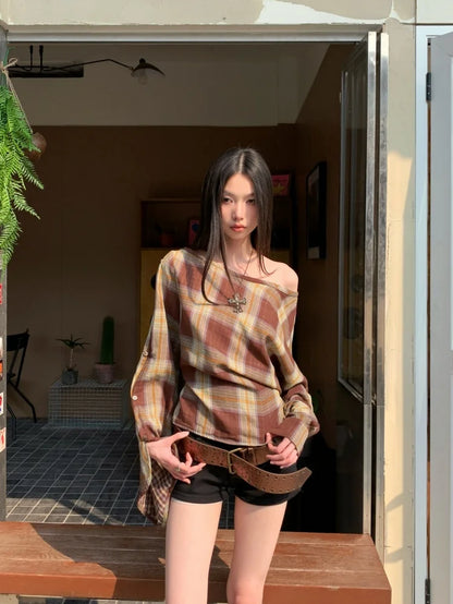 Vintage Brown off the Shoulder Long Sleeve Blouse Plaid Bandage Designer Top for Woman 2025 Spring Clothes