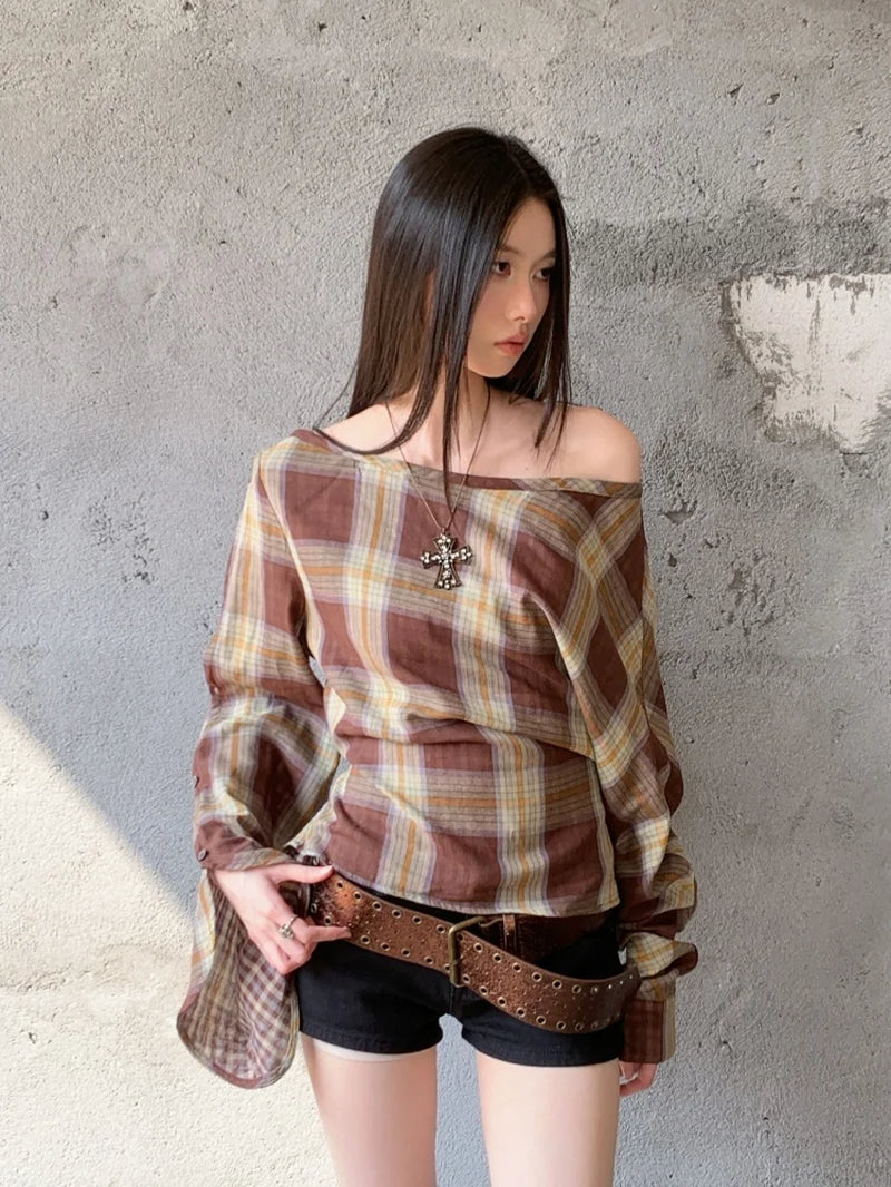 Vintage Brown off the Shoulder Long Sleeve Blouse Plaid Bandage Designer Top for Woman 2025 Spring Clothes